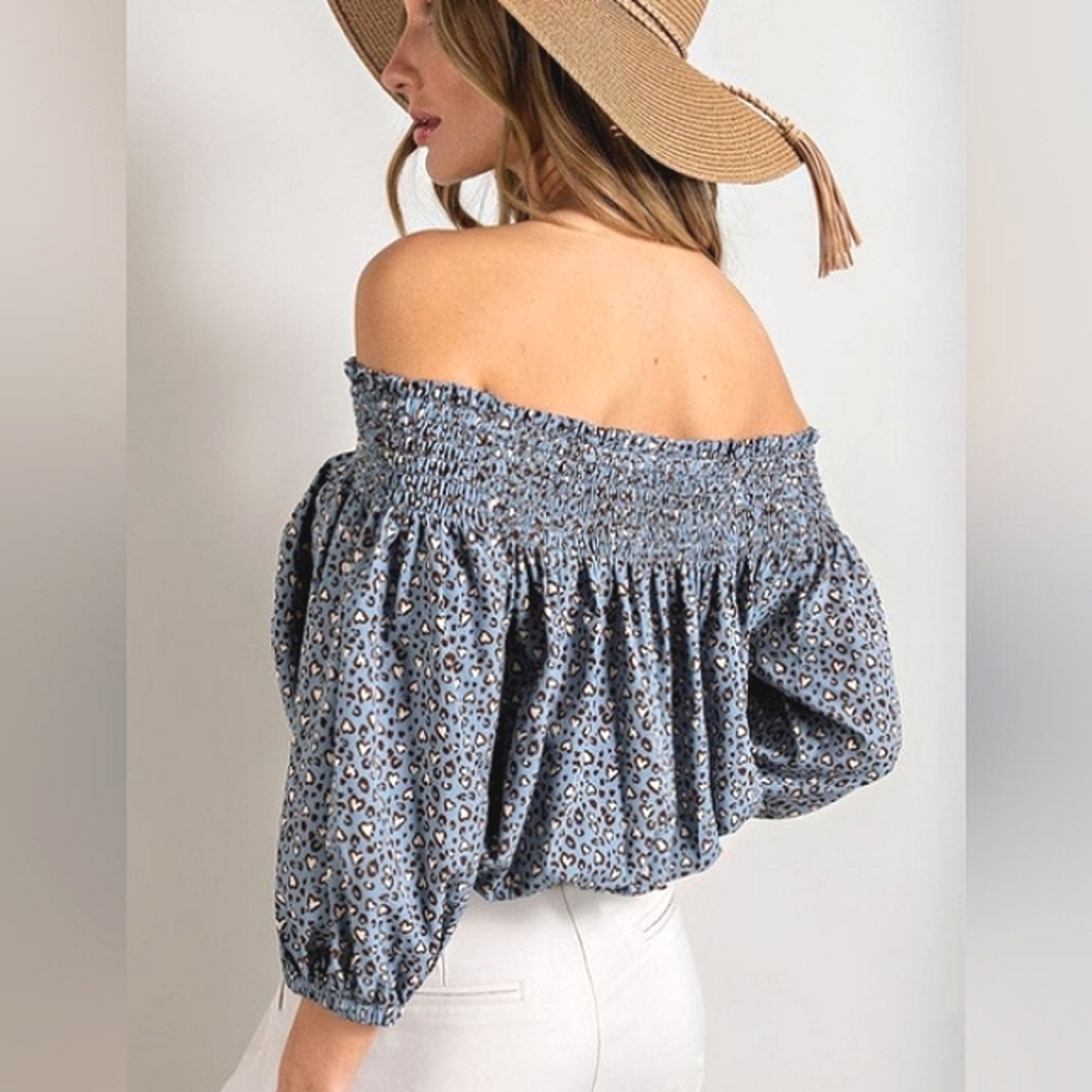 EE:SOME Smocked Leopard Heart Off Shoulder Puff Sleeve Top NWT - Picture 3 of 12